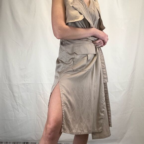 GAP Women's Open Front Safari Wrap Dress M Med Medium Tan Light Brown Khaki Tie - Picture 2 of 16